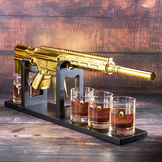 AR15 Gold Whiskey Decanter Set with 4 Bullet Whiskey Glasses