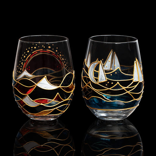 Artisanal Hand Painted Sunrise Glasses, Stemless Set of 2
