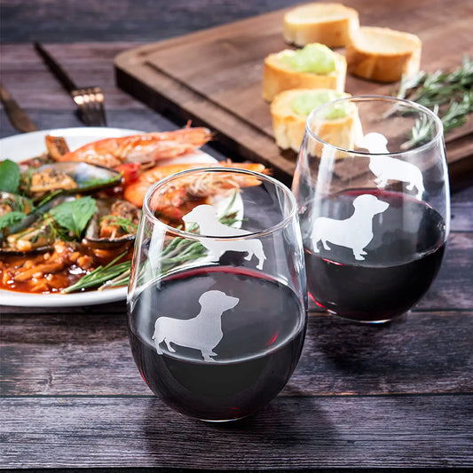Set of 2 Dog Daschund Stemless Wine Glasses