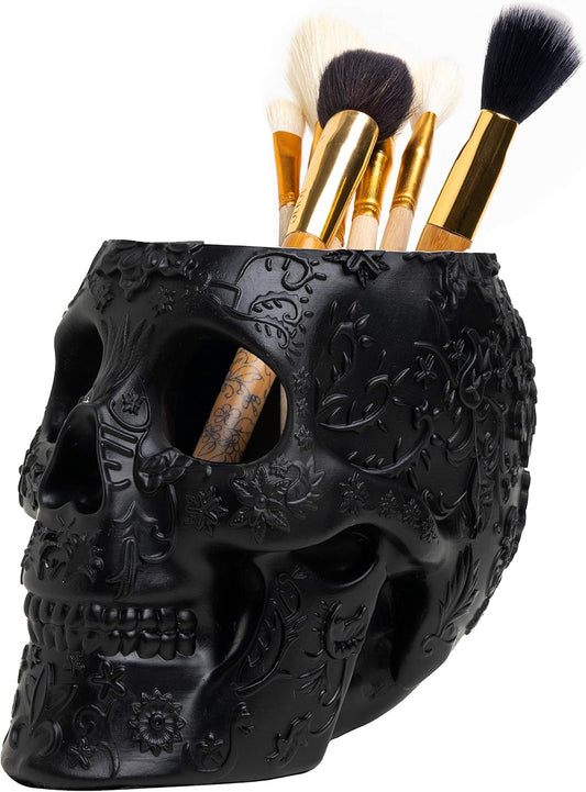 Skull Makeup Brush Holder, Pen Holder, Vanity, Desk (Black)