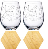 Set of 2 Zodiac Sign Wine Glasses with 2 Wooden Coasters (Cancer)