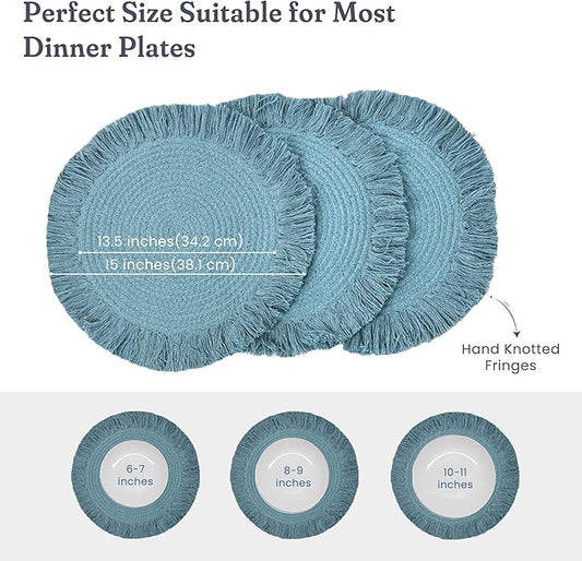 Blue Braided Cotton Placemats Set of 4 with Fringes