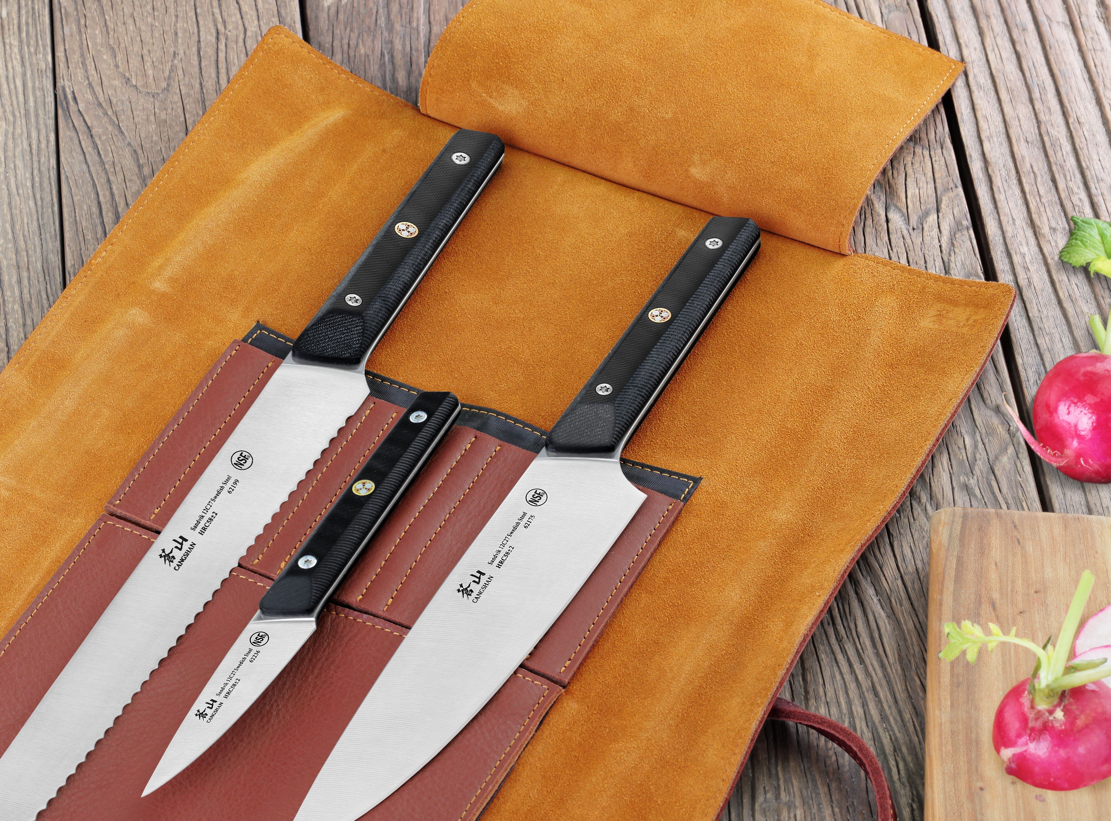 TG Series 4-Piece Knife Leather Roll Set, Swedish 12C27M Steel, 62304