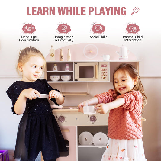 ROBUD Wooden Play Kitchen with Realistic Accessories