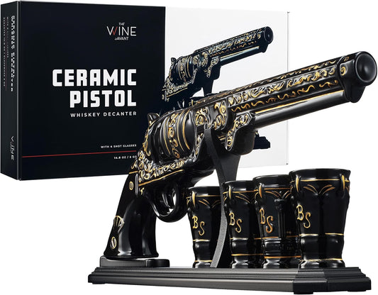 Luxury Black and Gold Pistol Decanter Set & 4 Shot Glasses