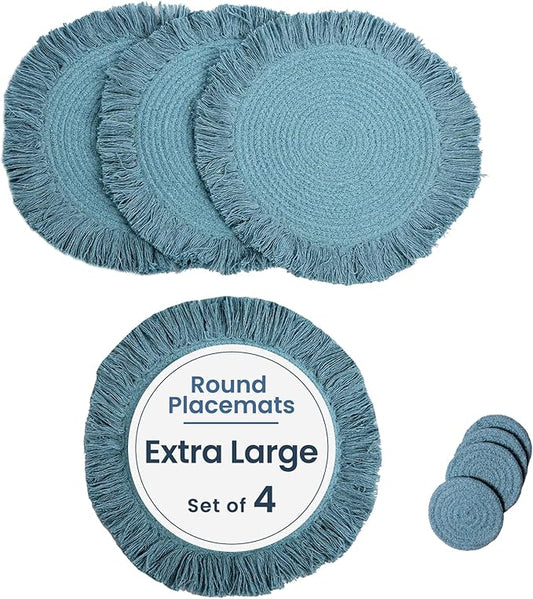 Blue Braided Cotton Placemats Set of 4 with Fringes