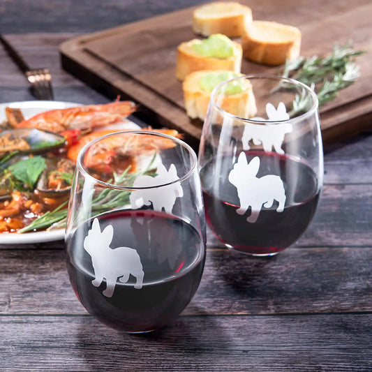 Set of 2 French Bulldog Dog Stemless Wine Glasses