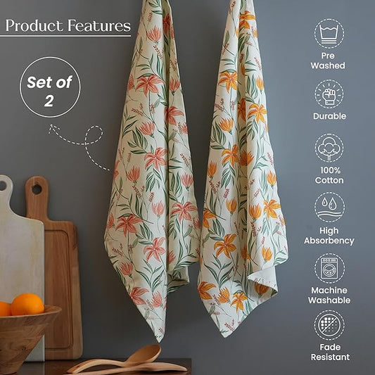 Printed Cotton Kitchen Towel Set - Yellow & Mint, 18x28 inches