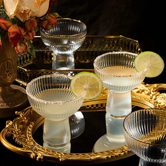 Ribbed Stemless Margarita Glasses with Gold Rim - Set of 4 (10 OZ)