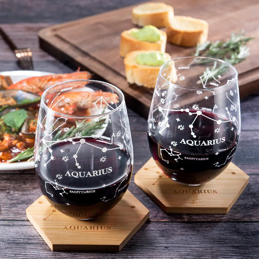 Set of 2 Zodiac Sign Wine Glasses with 2 Wooden Coasters (Aquarius)