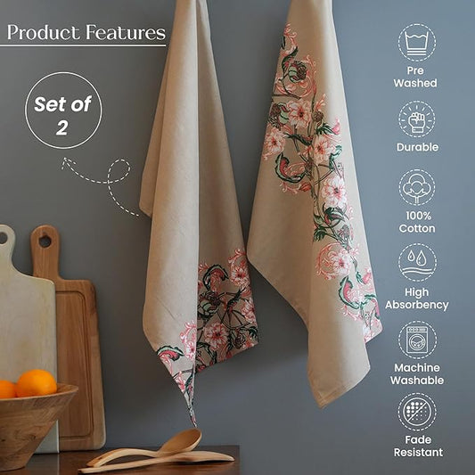 Floral Beige Printed Cotton Kitchen Towels, Set of 2 ,18"x28"