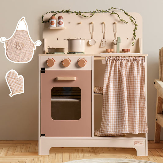 ROBUD Rustic Wooden Kids Play Kitchen Set  with Leaf Light String