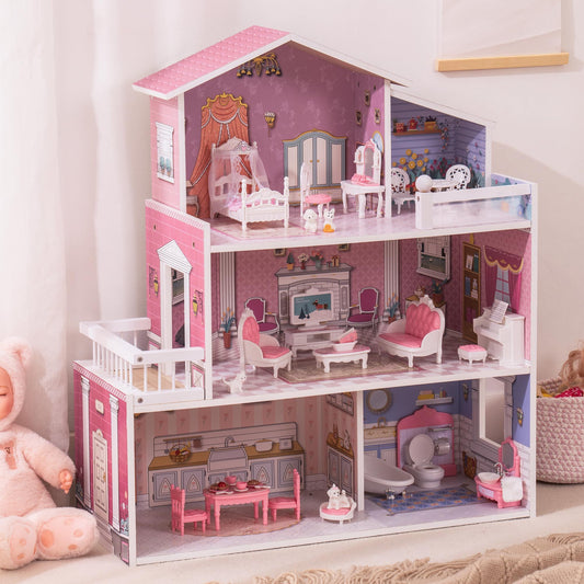 ROBUD Wooden Dollhouse for Kids with 24pcs Furniture Preschool