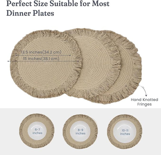 Beige Braided Cotton Placemats with Fringes – Set of 4