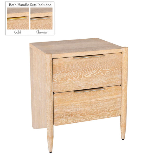 Oakwood Mid Century Nightstand - Solid White Oak, Cerused Finish, Custom Brass & Chrome Handles