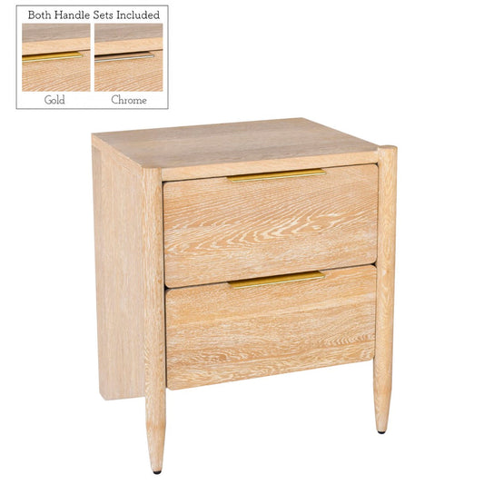 Oakwood Mid Century Nightstand - Solid White Oak, Cerused Finish, Custom Brass & Chrome Handles