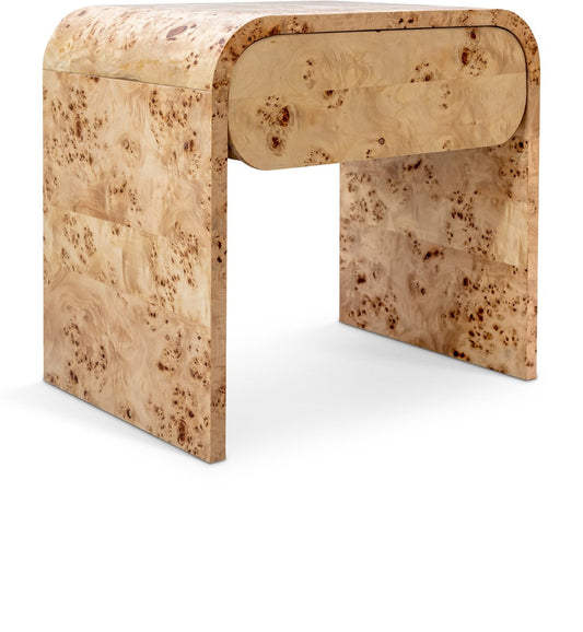 Cresthill Mid Century Nightstand - Solid Burl Wood with Curved Design for Stylish Bedroom Storage