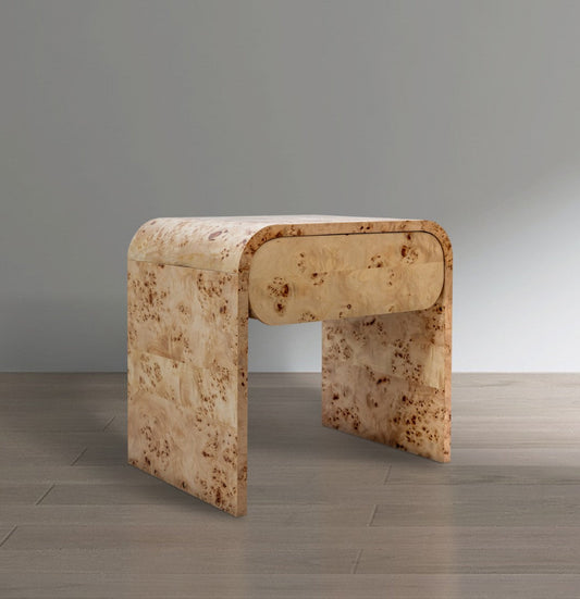 Cresthill Mid Century Nightstand - Solid Burl Wood with Curved Design for Stylish Bedroom Storage