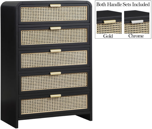 Sage Contemporary Chest with Rich Wood Frame & Natural Cane, Includes Gold and Chrome Handles