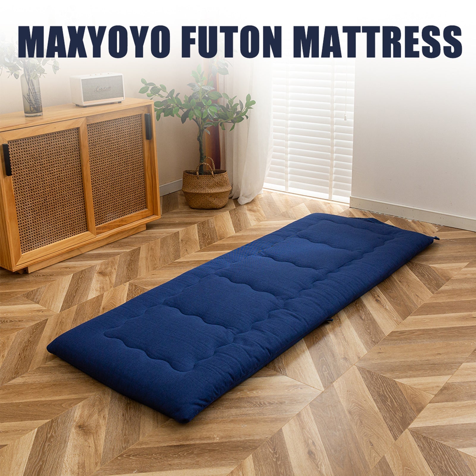 MAXYOYO Roll Up Camping Mattress, Carry Handle Foldable Futon Mattress Outdoor Indoor Roll Out Pad, Navy