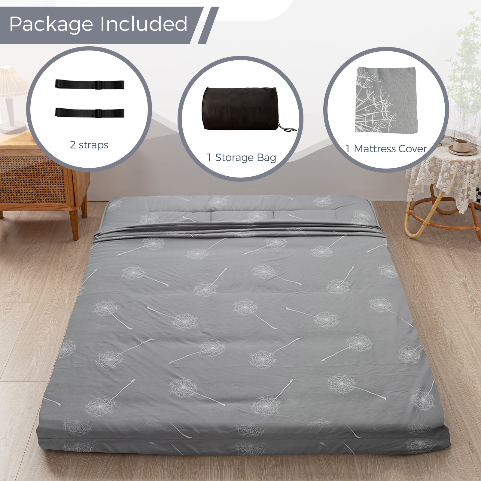 MAXYOYO Futon Mattress Japanese Floor Mattress, Grey Dandelion Pattern Futon Mattress