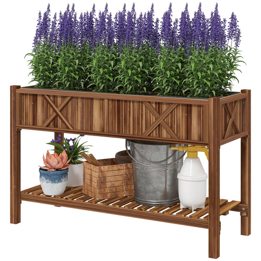 Outsunny Raised Garden Bed, 47 x 22 x 31.5in Elevated Wood Planter Box with Storage Shelf, Drainage Holes and Liner, Carbonized