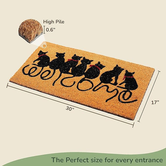 Beige/Black Coir Doormat with Welcome Cats Print - 17x30"