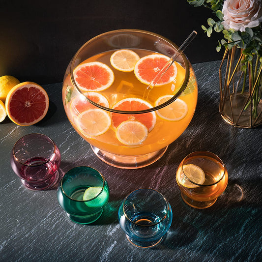 Colorful 1.7 Gallon Punch Bowl with 4 10oz Glasses Set