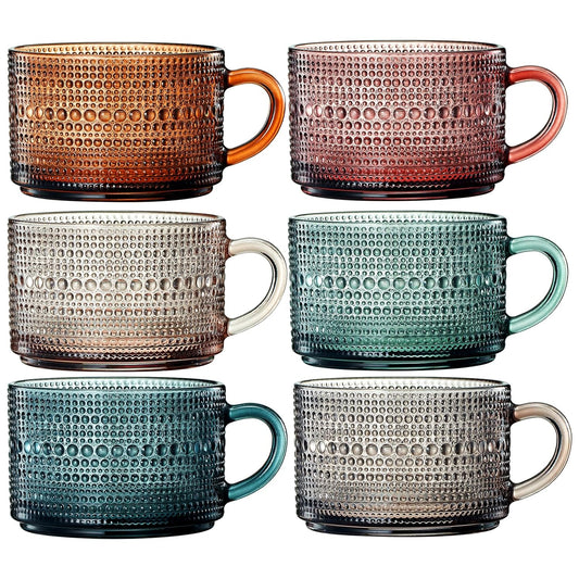 Vintage Colored Glass Coffee Mugs Set With Handles | Set of 6 | 15oz