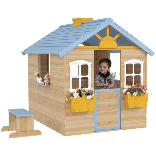 Outsunny Wooden Playhouse for Kids Outdoor Garden with Working Door, Windows, Bench, Service Station, Flowers Pot Holder, Blue