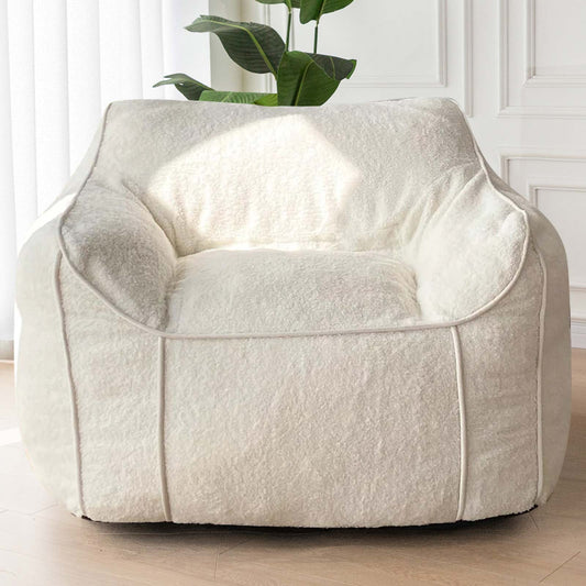 MAXYOYO Giant Bean Bag Chair for Adults, Large Fluffy Bean Bag Couch for Living Room with Decorative Edges, White