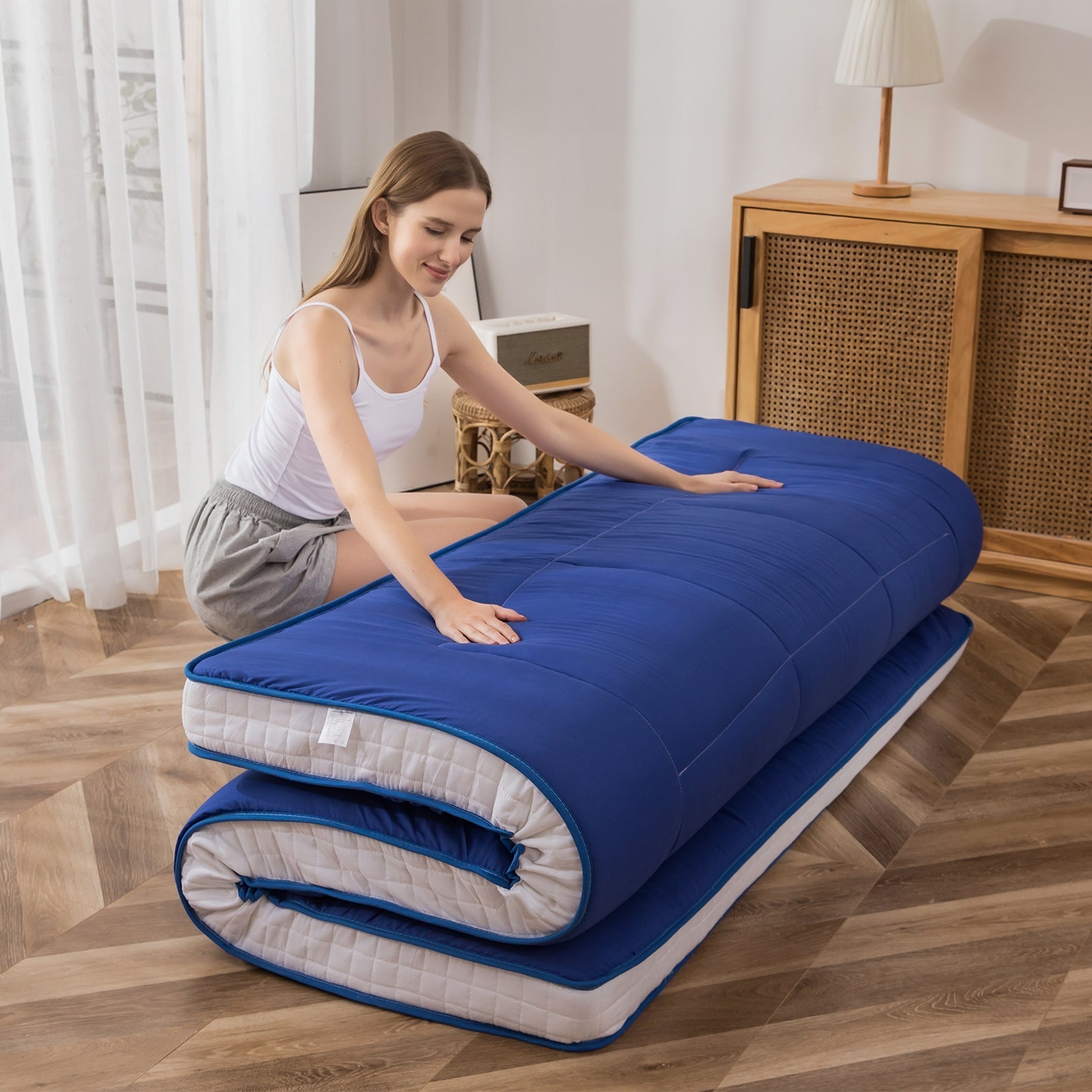 MAXYOYO Padded Japanese Floor Mattress, Royal Blue Futon Mattress Extra Thick Folding Sleeping Pad