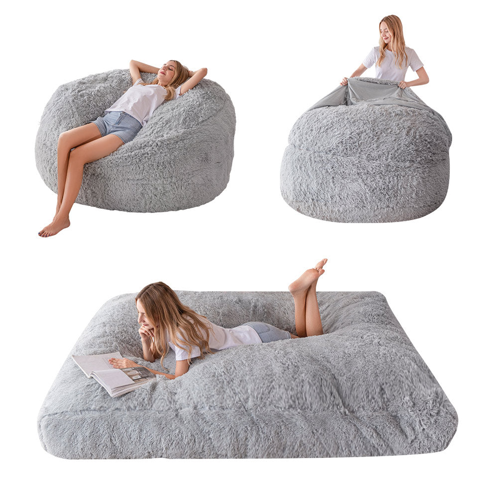 MAXYOYO Giant Bean Bag, Faux Fur Convertible Beanbag Folds from Lazy Chair to Floor Mattress Bed,Grey