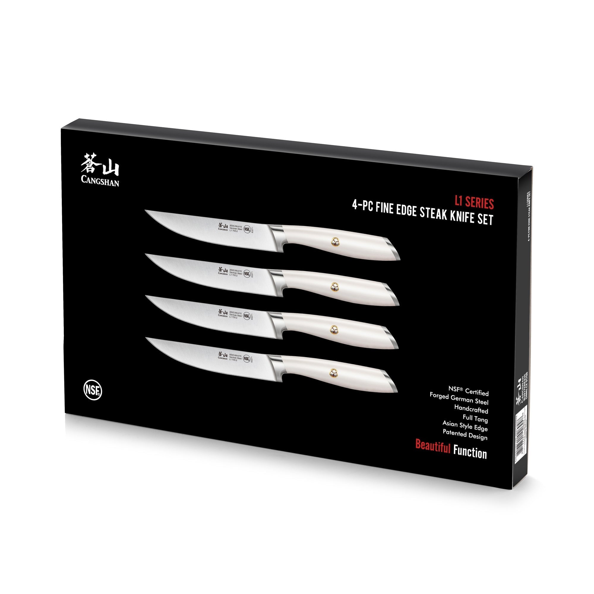 L1 Series 4-Piece Fine-Edge Steak Knife Set, White, Forged German Steel, 1026948