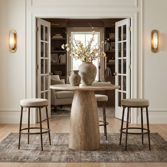 Ferro - Performance Fabric Upholstered Backless Bar Stool - Cream / Antique Bronze