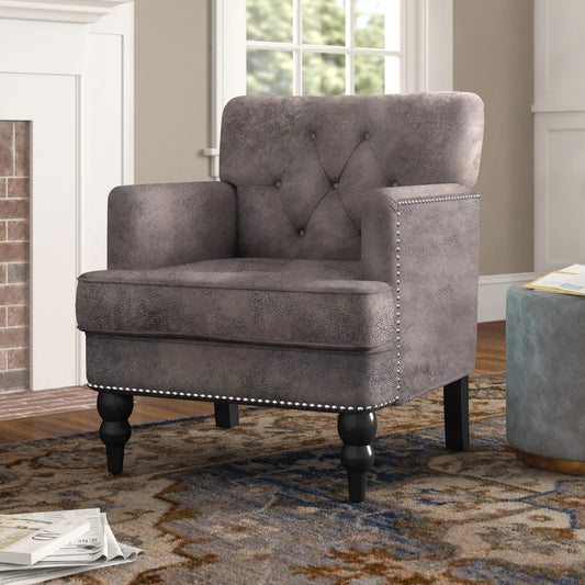 Modern Accent Tufted Club Chair with Rivet Design and Birch Wood Legs, Button Tufted Diamond Stitch, 28" L x 31.75" W x 35" H, Grey+Brown
