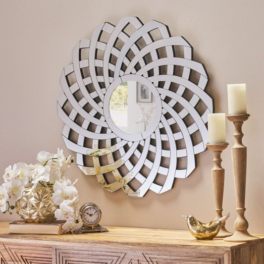 Glam Round Flower Patterned Wall Mirror with Faux Wood Frame, Decorative Wall Mirrors, No Assembly Required, 31.5" x 31.5" x 0.75", Clear