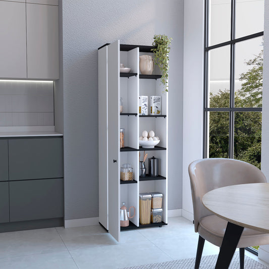 Hoyt Kitchen Pantry Storage Cabinet with Five Interior Shelves, Five Exterior Compartments, Multi-Tier Organization System for Food, Cookware and Household Essentials, Modern Space-Saving Design for Home Kitchens