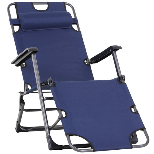 Outsunny Folding Lounger Chair Metal Frame Folding Sun Lounger Curved Adjustable Footrest Chair 120° / 180° W/ Head Pillow Navy