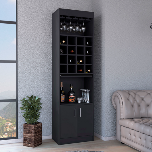 Tuhome Being Kava Bar Cabinet with Double Door Storage, Two Open Shelves, Sixteen Built-In Wine Rack Cubbies, Integrated Glass Rack and Vertical Home Bar Organizer for Cocktail Preparation and Bottle Display