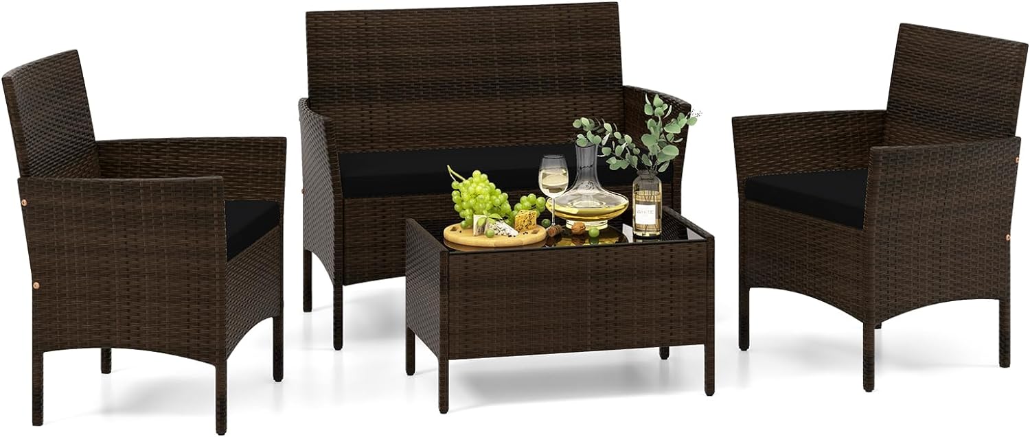 Tangkula 4/8 Piece Patio Rattan Conversation Set, Outdoor Wicker Furniture Set with Chair, Loveseat & Tempered Glass Table