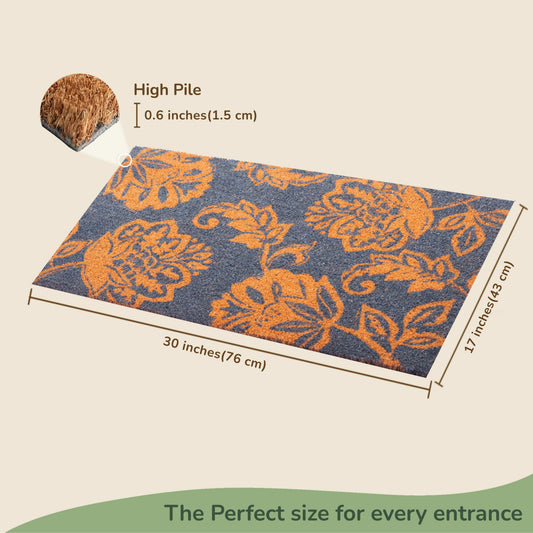 Light Blue Floral Motif Coir Doormat - 17"X30"