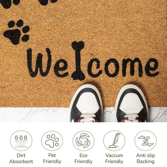 Cat Lover Coir Doormat with Paws Print 17X30" Beige/Black