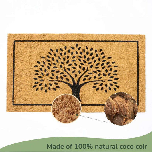 Beige/Black Coir Doormat with Tree Print & Border - 17x30"