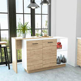 Sicilia Kitchen Island, Two  External Shelves, Double Door Cabinets, Three Shelves