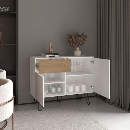 Tori 39" Wide Console Table with Two Cabinets, One Drawer, Four Shelves, Storage Organizer, Versatile Storage for Living Room, Hallway, Entryway, Modern Design, Stylish and Practical Console