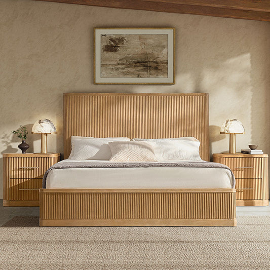 Modern Fluted Solid Wood Bedroom Set with Oak Texture-3-Piece Set