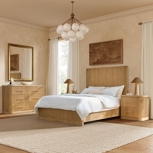Modern Fluted Solid Wood Bedroom Set with Oak Texture-4-Piece Set
