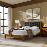 Herme Genuine Leather Solid Wood Platform Bed with Charging Ports