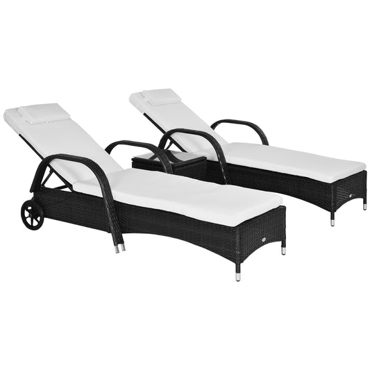 Outsunny 3-Piece Wicker Lounge Chair Set, Outdoor Loungers with Armrests, Cushion & Headrest, Side Table & Wheels， Black